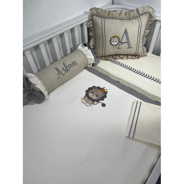 Pike takımı 5 parça krem fitilli pike - bej ve gri isviçre keteni