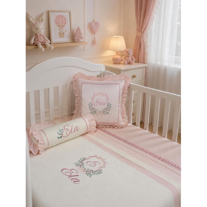Pike takımı 5 parça krem fitilli pike - koyu pudra poplin