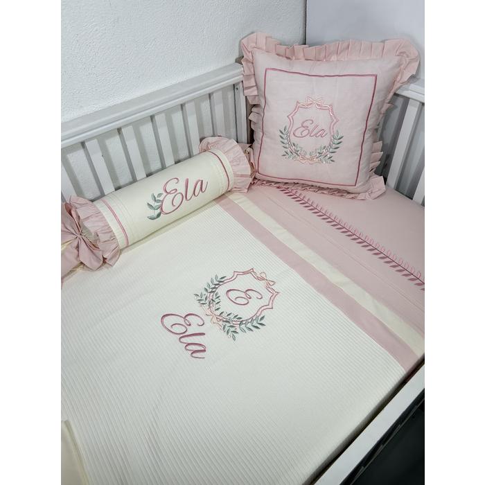 Pike takımı 5 parça krem fitilli pike - koyu pudra poplin