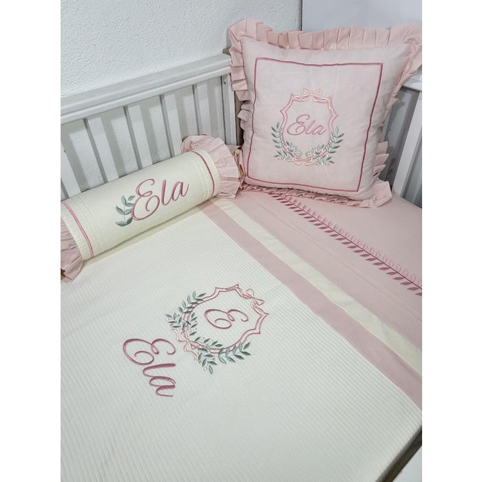 Pike takımı 5 parça krem fitilli pike - koyu pudra poplin