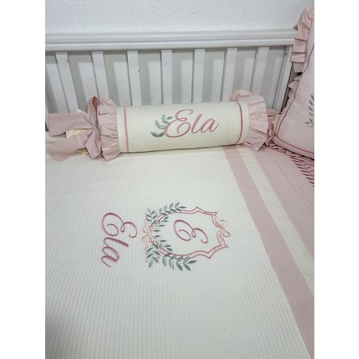 Pike takımı 5 parça krem fitilli pike - koyu pudra poplin