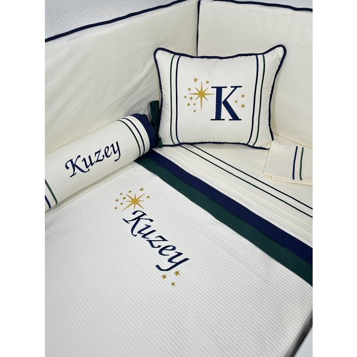 Pike takımı 5 parça krem fitilli pike - krem lacivert ve yeşil poplin
