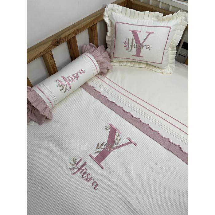 Pike takımı 5 parça krem fitilli pike - krem ve  pudra pembe isviçre keten