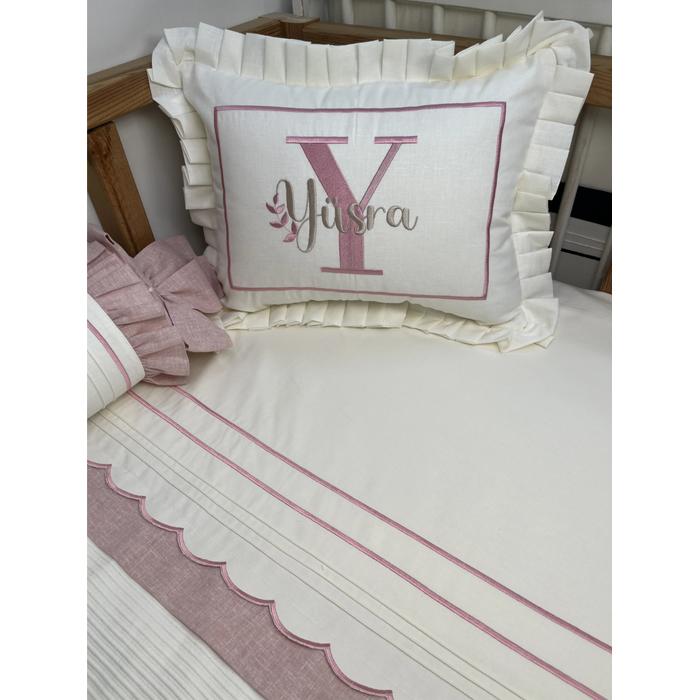 Pike takımı 5 parça krem fitilli pike - krem ve  pudra pembe isviçre keten