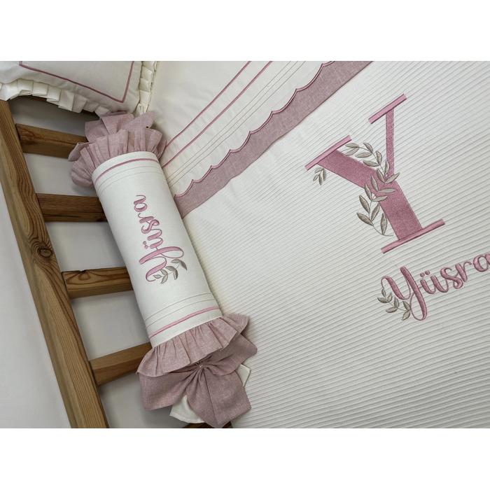 Pike takımı 5 parça krem fitilli pike - krem ve  pudra pembe isviçre keten