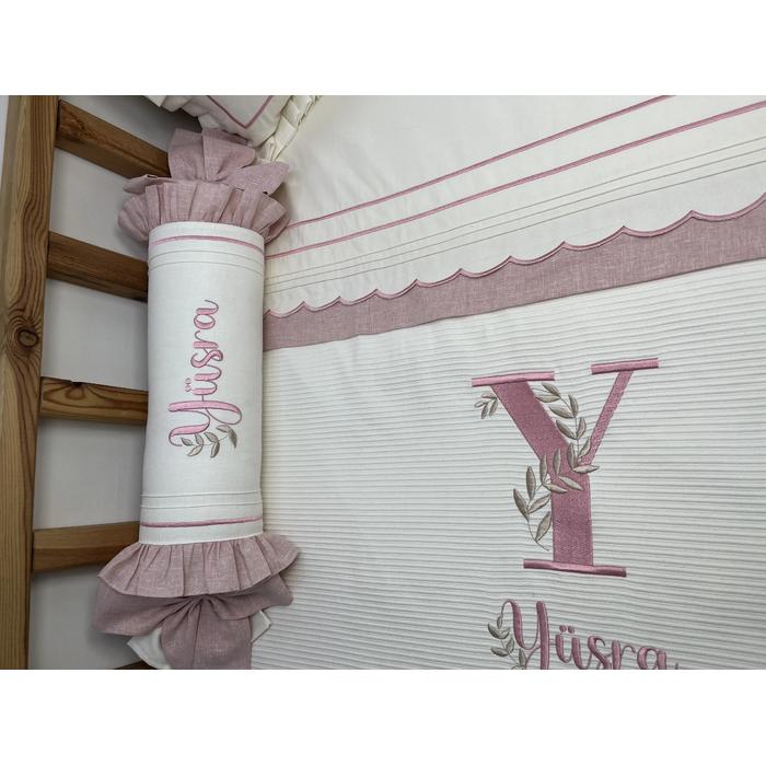 Pike takımı 5 parça krem fitilli pike - krem ve  pudra pembe isviçre keten