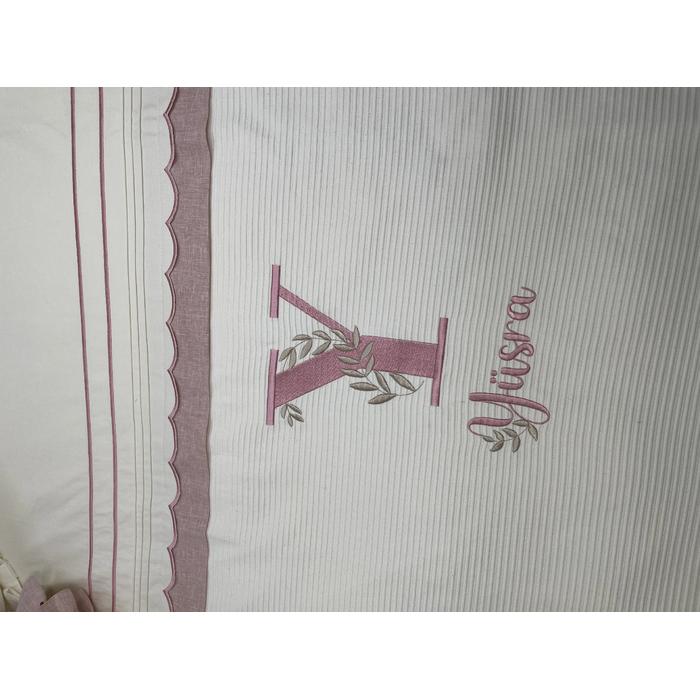 Pike takımı 5 parça krem fitilli pike - krem ve  pudra pembe isviçre keten