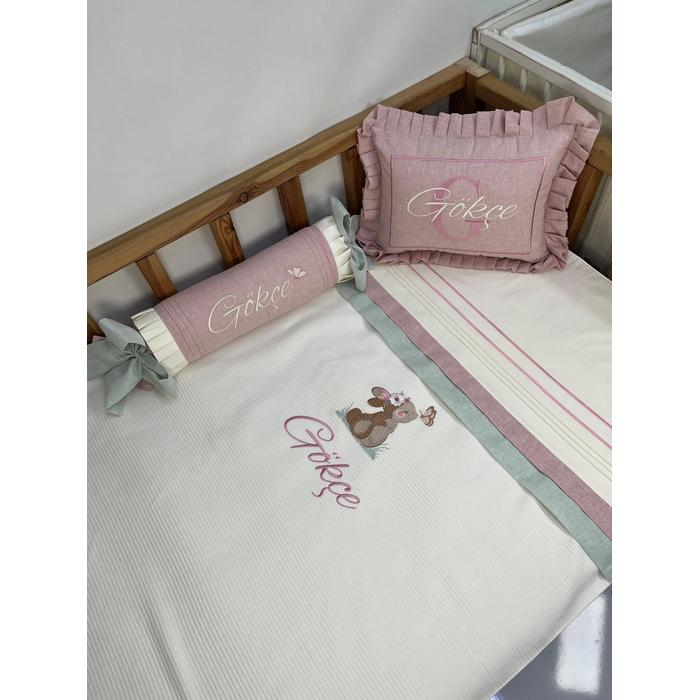 Pike takımı 5 parça krem fitilli pike - yeşil ve pudra pembe isviçre keten