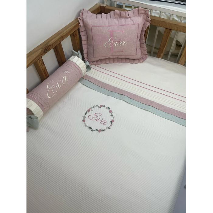 Pike takımı 5 parça krem fitilli pike - yeşil ve pudra pembe isviçre keten 1