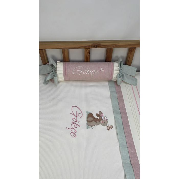 Pike takımı 5 parça krem fitilli pike - yeşil ve pudra pembe isviçre keten