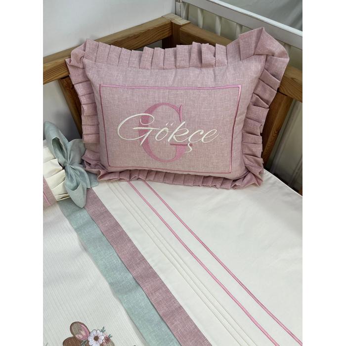 Pike takımı 5 parça krem fitilli pike - yeşil ve pudra pembe isviçre keten