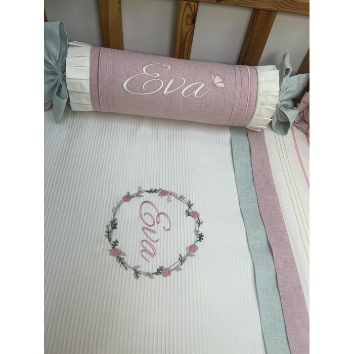 Pike takımı 5 parça krem fitilli pike - yeşil ve pudra pembe isviçre keten 1