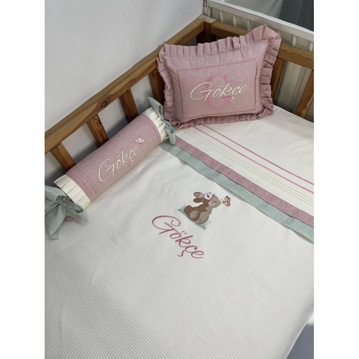 Pike takımı 5 parça krem fitilli pike - yeşil ve pudra pembe isviçre keten