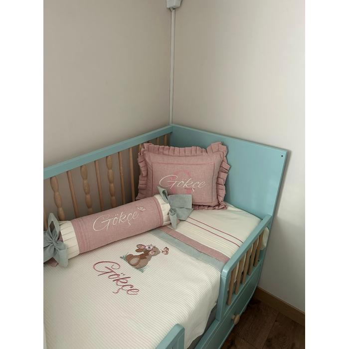 Pike takımı 5 parça krem fitilli pike - yeşil ve pudra pembe isviçre keten