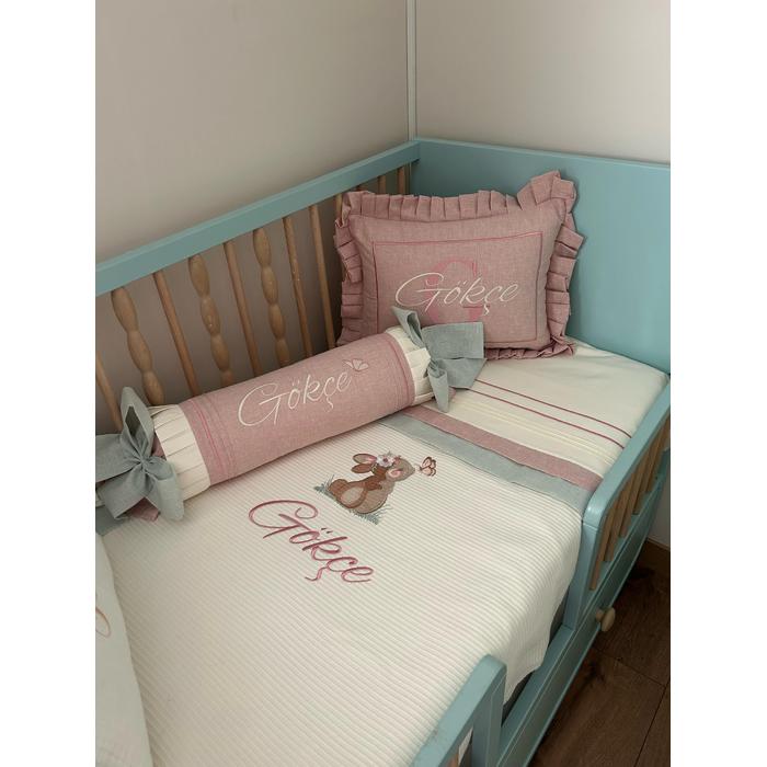 Pike takımı 5 parça krem fitilli pike - yeşil ve pudra pembe isviçre keten