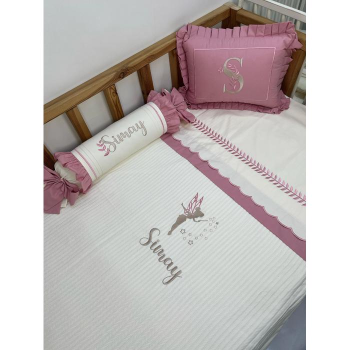 Pike takımı 5 parça krem örgü pike - gül kurusu poplin 3