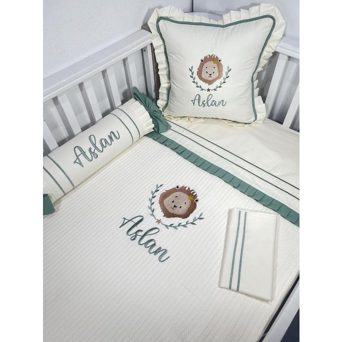 Pike takımı 5 parça krem örgü pike - krem ve yeşil rengi poplin