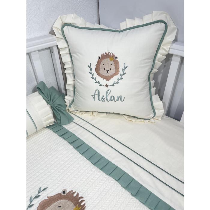 Pike takımı 5 parça krem örgü pike - krem ve yeşil rengi poplin