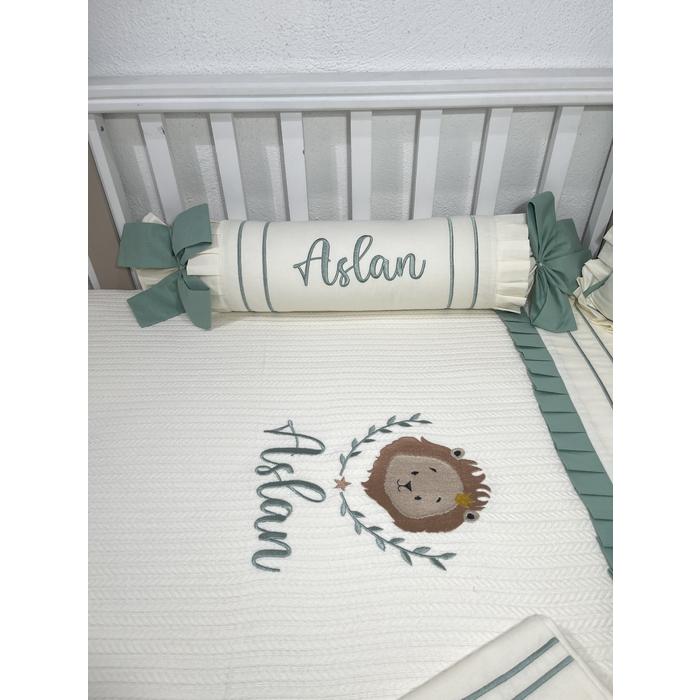 Pike takımı 5 parça krem örgü pike - krem ve yeşil rengi poplin