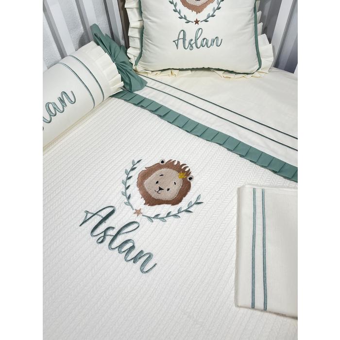 Pike takımı 5 parça krem örgü pike - krem ve yeşil rengi poplin