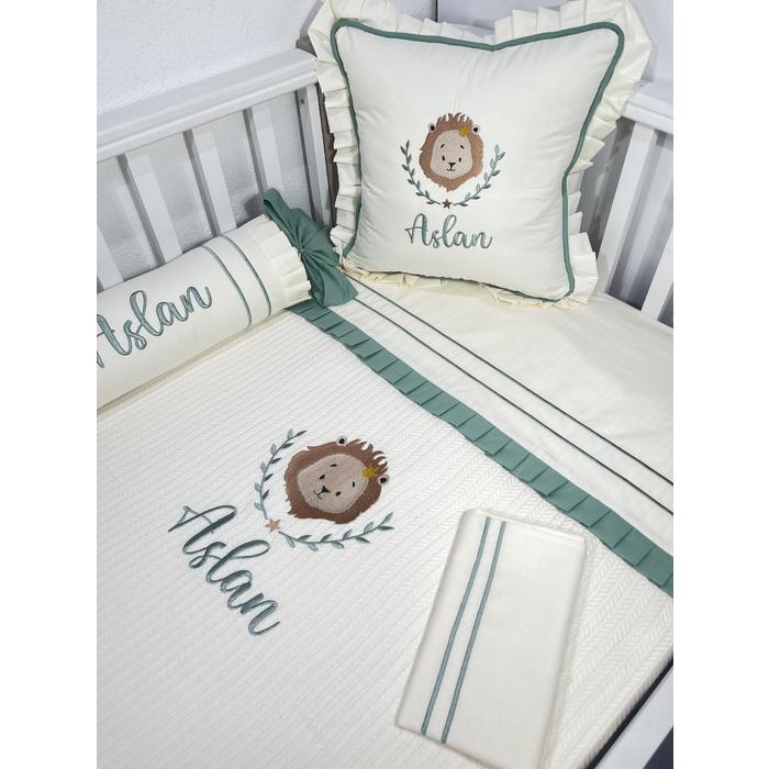 Pike takımı 5 parça krem örgü pike - krem ve yeşil rengi poplin