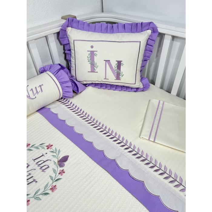 Pike takımı 5 parça krem örgü pike - lila poplin