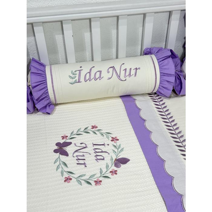 Pike takımı 5 parça krem örgü pike - lila poplin