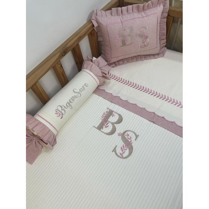 Pike takımı 5 parça krem örgü pike - pudra  isviçre keteni 4