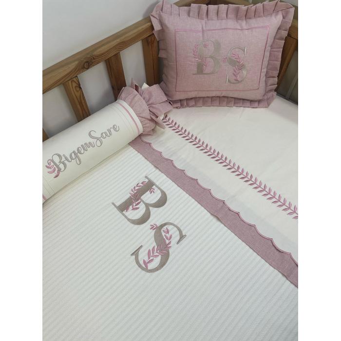 Pike takımı 5 parça krem örgü pike - pudra  isviçre keteni 4