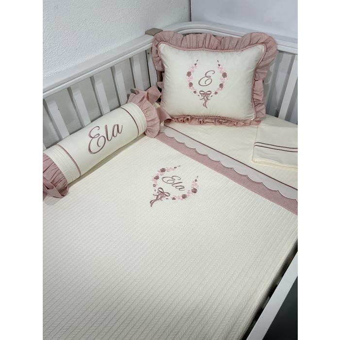 Pike takımı 5 parça krem örgü pike - pudra  isviçre keteni ile krem poplin