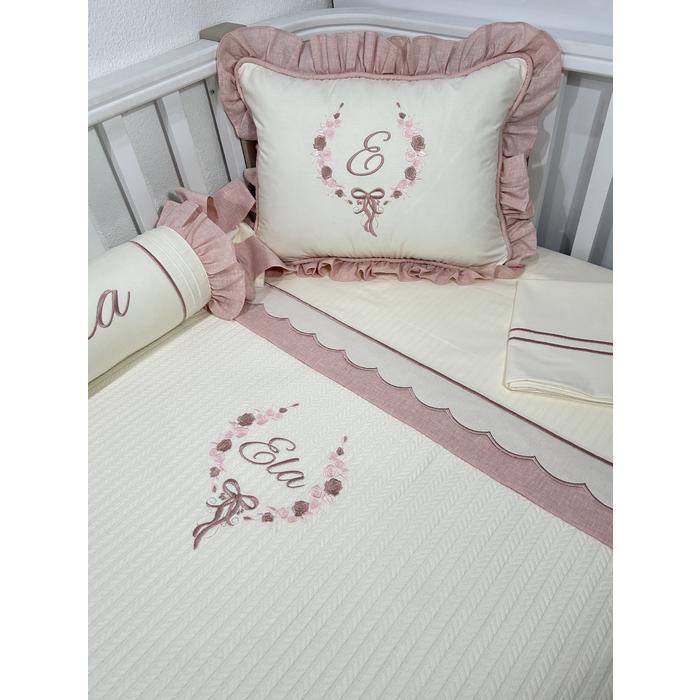 Pike takımı 5 parça krem örgü pike - pudra  isviçre keteni ile krem poplin