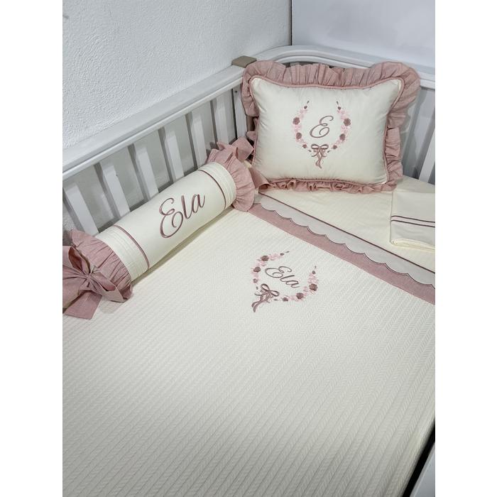 Pike takımı 5 parça krem örgü pike - pudra  isviçre keteni ile krem poplin
