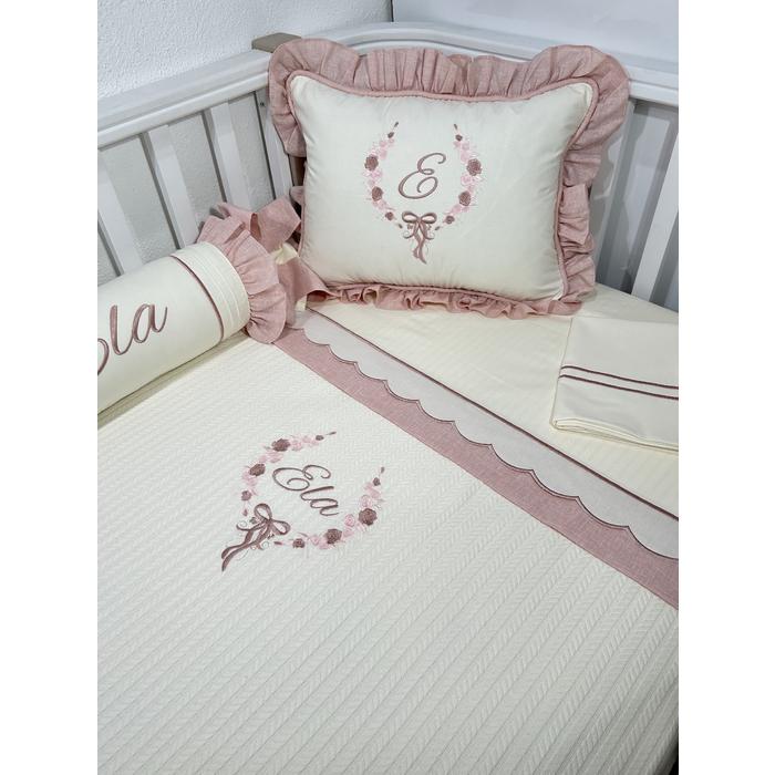 Pike takımı 5 parça krem örgü pike - pudra  isviçre keteni ile krem poplin