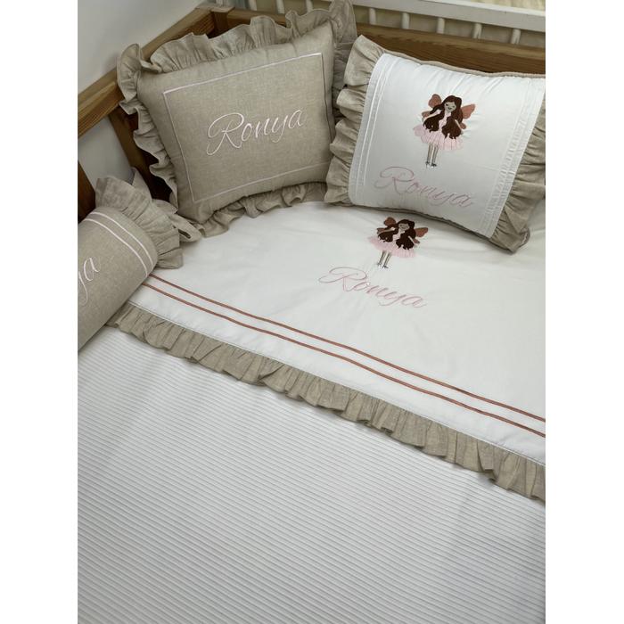 Pike takımı 6 parça beyaz fitilli pike - Bej İsviçre Keten 2