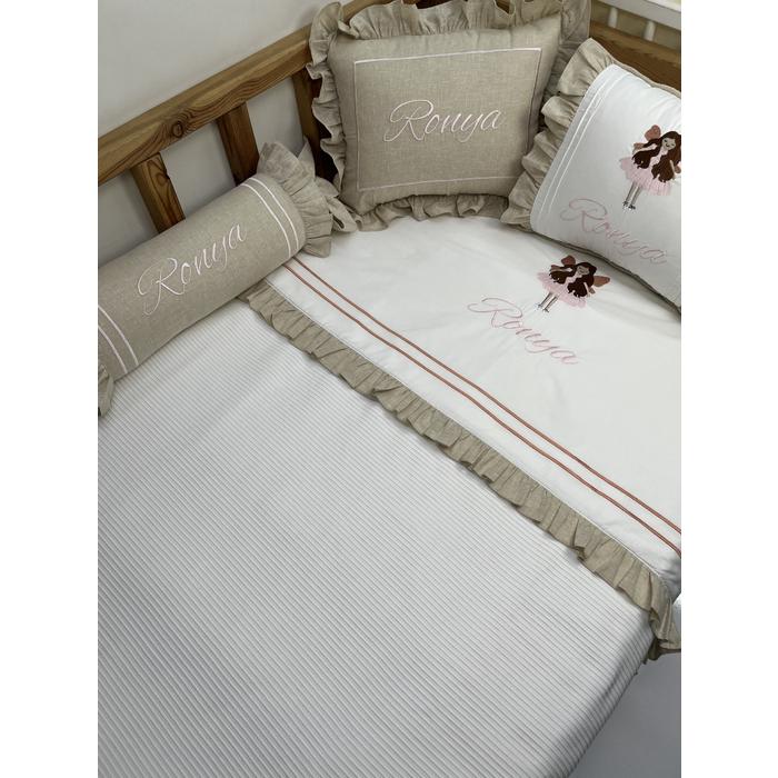 Pike takımı 6 parça beyaz fitilli pike - Bej İsviçre Keten 2