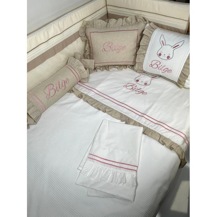 Pike takımı 6 parça beyaz fitilli pike - Bej İsviçre Keten 3