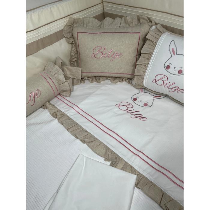 Pike takımı 6 parça beyaz fitilli pike - Bej İsviçre Keten 3