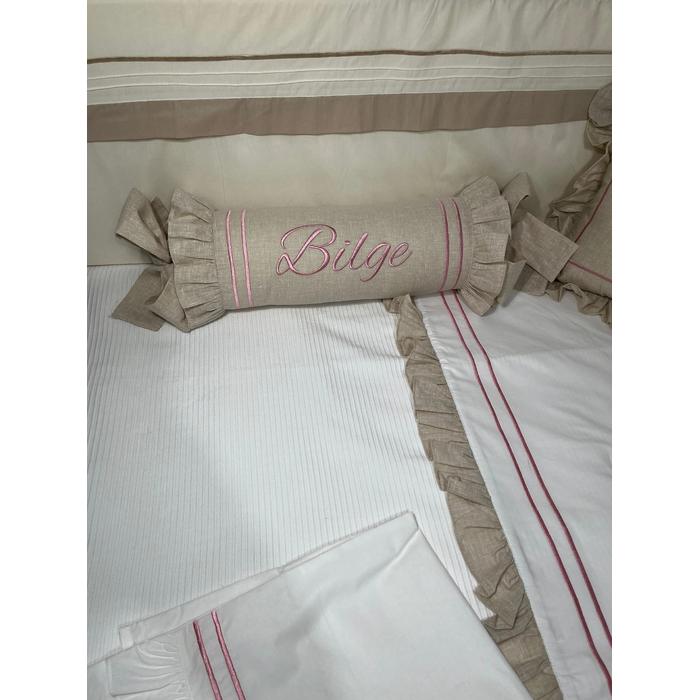 Pike takımı 6 parça beyaz fitilli pike - Bej İsviçre Keten 3