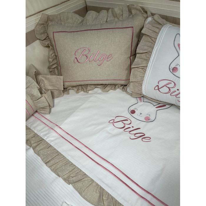 Pike takımı 6 parça beyaz fitilli pike - Bej İsviçre Keten 3