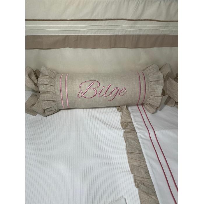 Pike takımı 6 parça beyaz fitilli pike - Bej İsviçre Keten 3