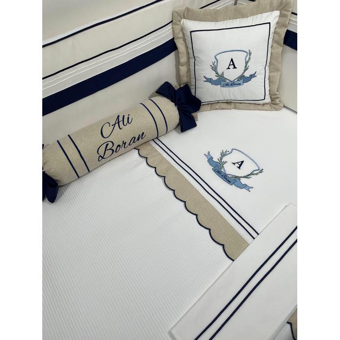 Pike takımı 5 parça beyaz fitilli pike - bej isviçre keteni 2