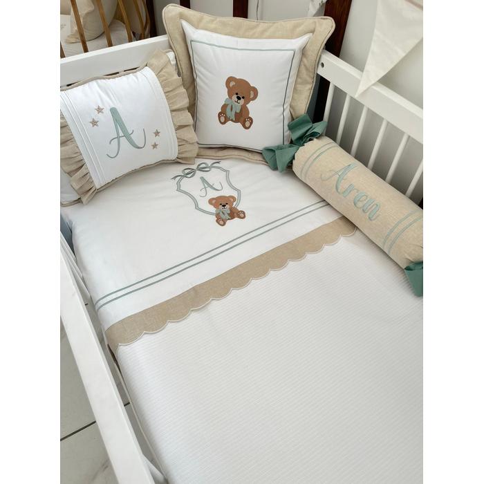 Pike takımı 6 parça beyaz fitilli pike - bej isviçre keteni 2