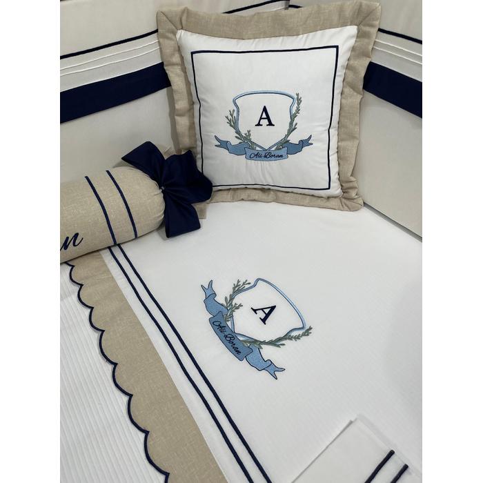 Pike takımı 5 parça beyaz fitilli pike - bej isviçre keteni 2