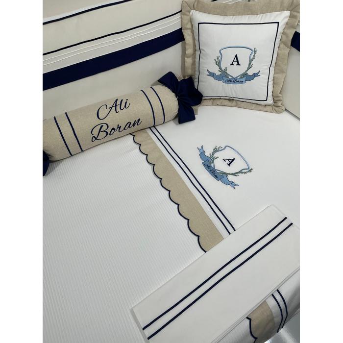 Pike takımı 5 parça beyaz fitilli pike - bej isviçre keteni 2