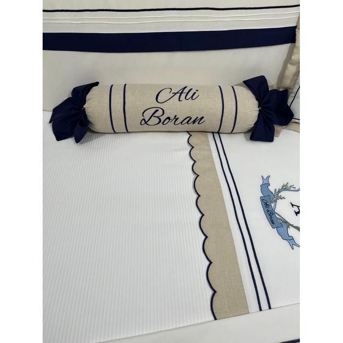 Pike takımı 5 parça beyaz fitilli pike - bej isviçre keteni 2