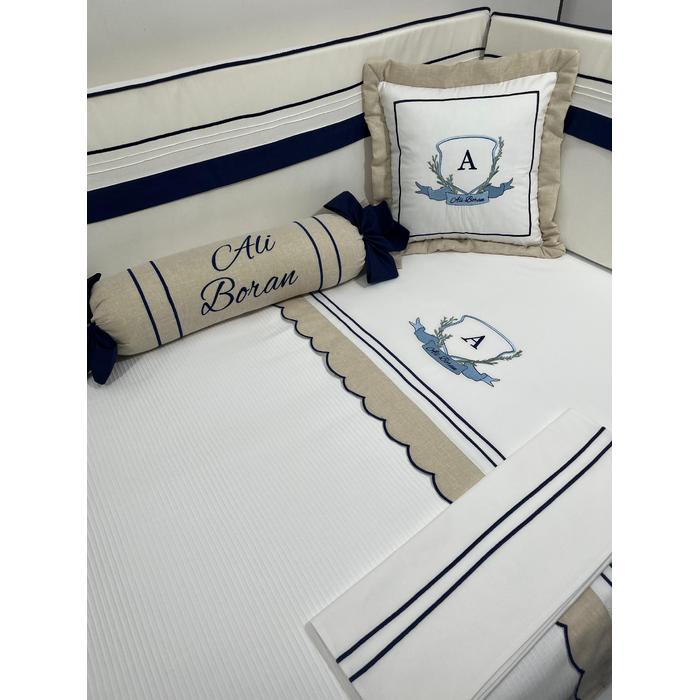 Pike takımı 5 parça beyaz fitilli pike - bej isviçre keteni 2