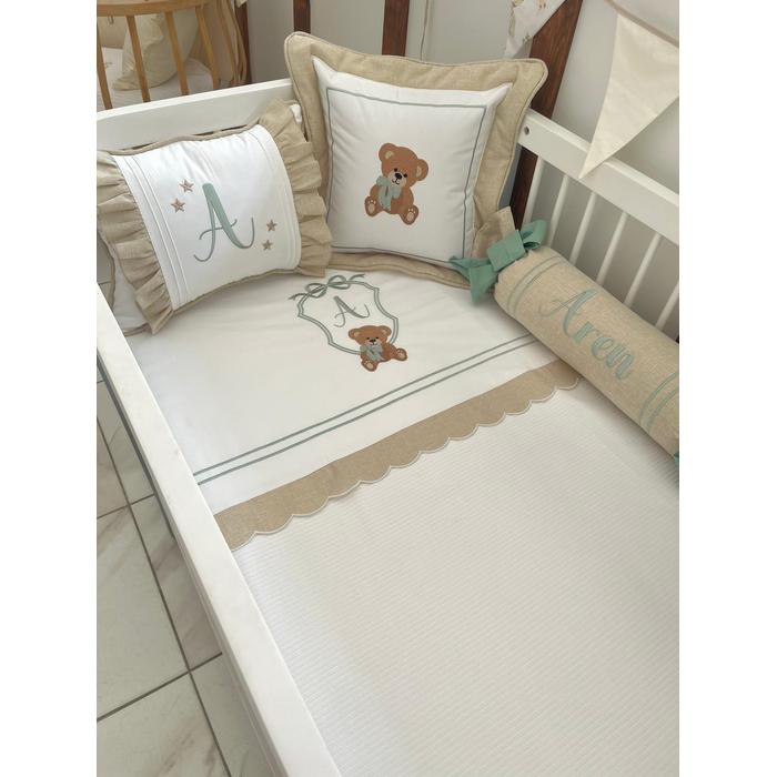 Pike takımı 6 parça beyaz fitilli pike - bej isviçre keteni 2