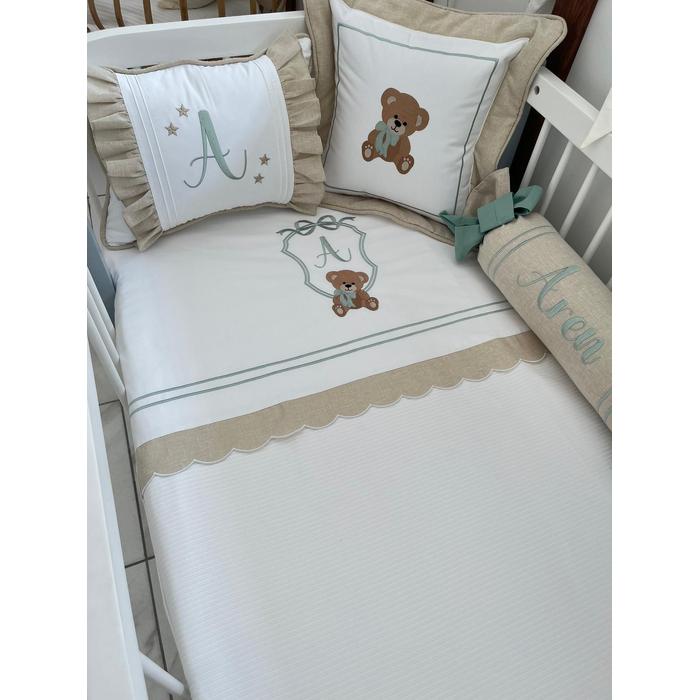 Pike takımı 6 parça beyaz fitilli pike - bej isviçre keteni 2