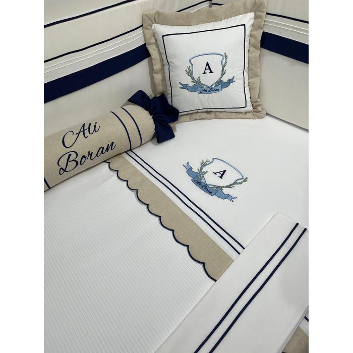 Pike takımı 5 parça beyaz fitilli pike - bej isviçre keteni 2