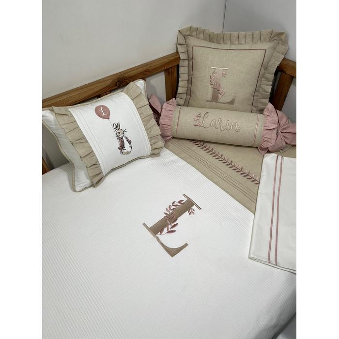 Pike takımı 6 parça beyaz fitilli pike - bej isviçre keteni 3